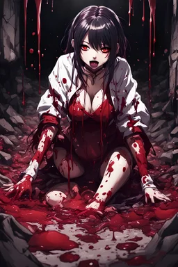 Anime girl crushed inside claustrophobic really, sit pose, fullbody, splashes blood, behind guts rising from the ground, darkred tones, macro photography,