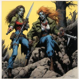 #5 Original coloured Art by Sam Keith and Bernie Wrightson Vortex Comic, 1988: female zombie slayer with weapons