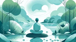 Generate a futurist illustration of a character meditating in nature. Use a serene color palette with celestial blue for the sky, tranquil green for the waters, and a grounding gray-blue. Add a subtle grain texture for depth. Emphasize simplicity and tranquility, capturing the transformative essence of meditation.