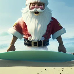 Santa standing of surfboard surfing a big wave, surfboard, beach, character design by cory loftis, fenghua zhong, ryohei hase, ismail inceoglu and ruan jia. unreal engine 5, artistic lighting, highly detailed, photorealistic, fantasy