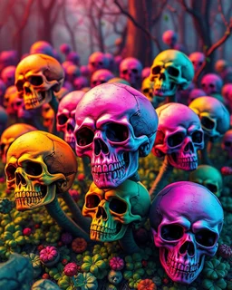 a field of skulls growing from the ground like fungus, multi colored, bright, vivid, psychedelic high detailed, matte, bunches and bubbled up clumps, horrorcore, vines