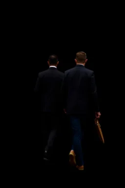 two men walking away. slightly blurry. full body. solid black background