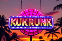 A 1980 disco sign labeled "KUKRUNK" bold multi colored 80s font, miami vice background drop, sunset