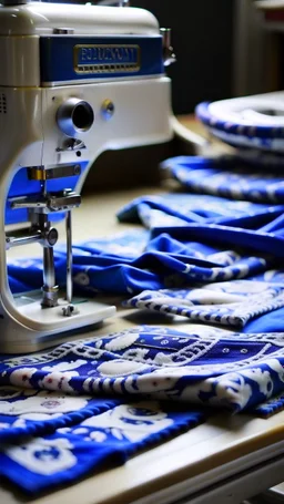 sewing aesthetics, blue, white, sewing machine, fabrics