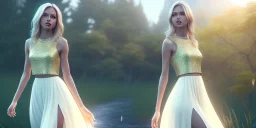 subtle queen, atmospheric, realistic, unreal engine, cinematic lighting, octane render, transparent long dress, blonde, full body, bright wings, smile, long hair