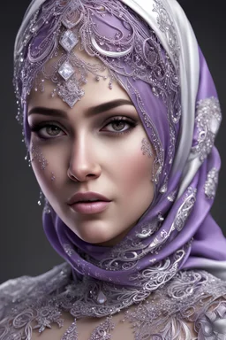 beautiful girl, beauty of Hijab, gorgon, hyper-detailed face, diamonds, diamonds, rubies, girl, beautiful, realistic, professional photo, 4k, high resolution, high detail, close-up, octane rendering, body art, patterns, lavender color, white background , Silver wire wrap art elf fantasy, filigree, dark botanical, ultra detail, HDR