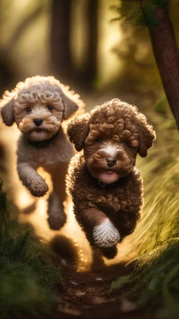 extreme close up photography of two cute puppy lagotto romagnolo happy dogs in a wood , running looking for truffles , in Tuscany Italy , photorealistic, backlight, 35mm lens