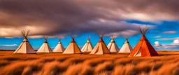 Prairie landscape, living skies, 3 teepees, historically authentic, fall colors