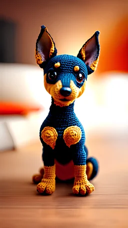 A visually enchanting 4K photograph featuring a lovable, Pixar-inspired miniature pinscher puppy, expertly crafted in a whimsical and vibrant cartoon style. The puppy, adorned with soft fur and expressive features, is masterfully rendered in a lifelike 3D amigurumi crochet design, which captivates viewers with its irresistible charm. The background is filled with warm, inviting colors and a 3D render, creating a cinematic atmosphere that further accentuates the puppy's enchanting appeal. This ir