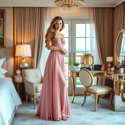 very beautiful lady with beautful maxi dress and top standing in a luxury bedroom with high heels next to makeup desk looking to camera