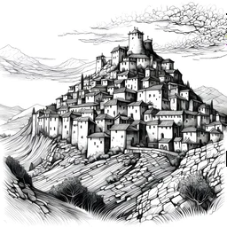 A walled town in a mountain. Pen sketch, black and white. HD