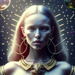 best quality similar to original picture, realistic lighting, masterpiece portrait of a beautiful flawless zodiac witch in in the cosmic world, details, red hair, hazel brown eyes, light dusting of freckles, cowboy shot from above, simple chain hauberk, warhammerVector art matte painting digital