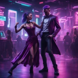 Hyper Realistic Cyberpunk couple dancing (man with purple tuxedo & female with maroon gown) with dark cyberpunk background