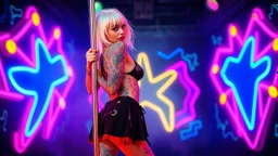 a beauty woman on full body neon color tattooes with ultra white hair wearing an short unique dress; looking at camera and dancing on stage, holding one pole. She appears to be a performer, possibly a dancer, preparing to entertain an audience.blue, green, pink, yellow neon color nonfigurative shapes on walls, vibrant and deep colors, vibrant neon shapes, , Psychedelics vibe,, vertical lights, alternative punk-metal style atmospheric, smoke, high detalied, high realistic, photorealist