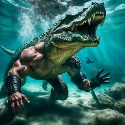 realistic high res underwater photo of a muscular warrior fighting bare hands with a giant crocodile : he grabs the crocodile by the neck.