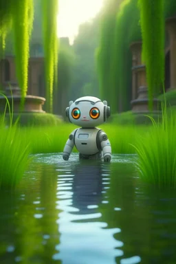 adorable cute chat priest robot with short punk hair and real human reflective eyes, fluffy floating in pond in garden of st. Barbara cathedral, its such a perfect day, motion blur, smoke, 8k, downlight, soft light, depth of field, photorealism, trending on art station, lotsa detail