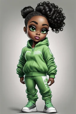 Create an airbrush image of a curvy chibi cartoon black female wearing a light green jogger set and black sneakers. Prominent make up with hazel eyes. Extremely highly detailed of messing curly bun