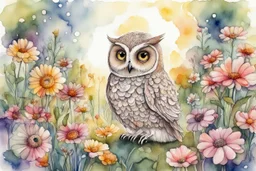 thankful praying owl girl in flowergarden in sunshine, watercolor and ink