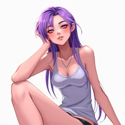 a pretty girl, skinny, relaxed, tank top, purple hair, digital art, stylised