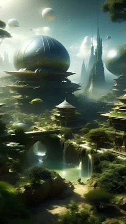 sci fi planet, asian garden, busy city