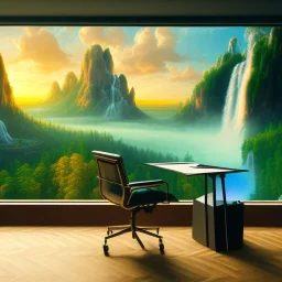 desk, parquet, sheet of paper, little pen, office chair in front of a huge picture window with large view on a waterfall with warm light, sunset ,pixar style, panorama, nature, globe, HD, Hallelujah mountains, view first person