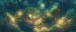 top view that warm, a huge library in forest with fireflies around trees that have wide leaves and broad trunked. Realistic.