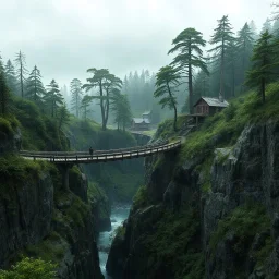 rany day, visible from the side one massive wooden bridge connects the over two gorge, between two tall rocky shores, sprawling, tall alien trees on both shores, log wooden houses in the distance in the background, rainy landscape, lush vegetation in shades of green and blue on earth, massive trees,, high detailed, fantasy, cinematic style, high photorealistic