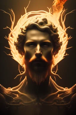 portrait photography of an ethereal beautiful animal god, Fire theme art, Dark moody night atmosphere, Portrait of a man by Michelangelo, 8K, close-up face, anatomically perfect face, oak tree roots, ignore NSFW