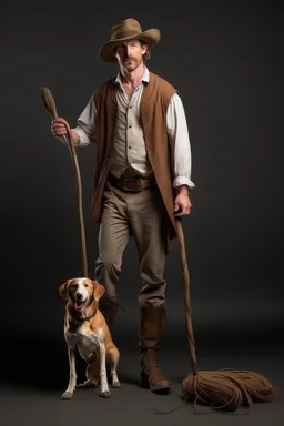 Full body cowboy with a dog and fancy walking stick