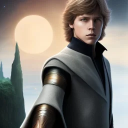 model shoot style, digital art portrait of (young Luke Skywalker) ((dressed in jedi tunic)), surrounded by 100 planets, ultra-detailed, ultra quality illustration, eerie atmosphere, 8k, cinematic lighting