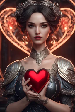 Cyber-Organic, Art Nouveau, beautiful woman holding heart in her hands, 8k octane rendered, unreal engine 5, high resolution, high contrast, cinematic lights, masterpiece, 3d