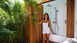 Beautiful woman in a tropical bathroom with lush plants, an outdoor shower, and teak wood details.