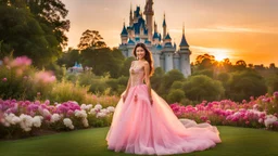 A gorgeous Asian model in a fairy outfit in a field of flowers at sunset a Disney crystal castle at background