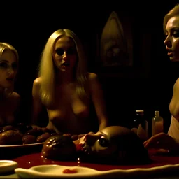 Horror movie shot, spooky, hot, ultra realistic, dine, ultra realistic hot blonde women, party, pieces of meat, they enjoy, organs, ail, dynamic, very excited people, hypermaximalist figures, light, 1970's Italian horror movie, sinister,, Dario Argento, Stanley Kubrik, ornate, 4k, photorealism