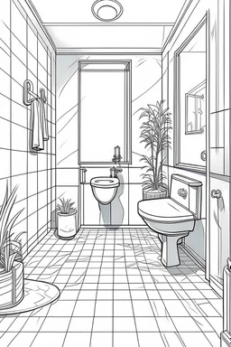 Outline art, house interior design, bathroom with toilet and shawer, no shading, no lines, cartoon style, --ar 9:11