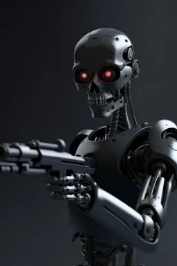 a scary robot with a gun searching for humans looking right far away