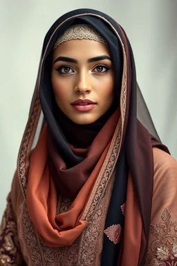 Cinematic photorealistic portrait of a beautiful Arabian Muslim woman in luxurious modern Islamic attire combining traditional embroidery with contemporary cuts, elegant chiffon hijab, dramatic Rembrandt-style lighting, sharp facial detail, realistic skin texture, and subtle artistic background blur, blending the grace of classical portraiture with modern fashion photography