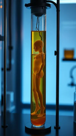 Sleeper in tube made of glass filled with honey coloured liquid in the laboratory inside the tube human body connected with wires and small standing vertically , the human look like sleeping standing in side the laboratory tube