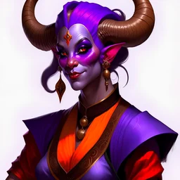 A tiefling (d&d race) quite old. She is a woman with purple skin, gray hair and orange eyes. It has two horns similar to those of a bull. She wears many jewels and a long dark purple dress. It must be in comic-book style. You must see the whole figure of the woman, from head to toe.