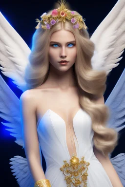 Flower, angel man, (detailed face )++, (detailed blue eyes)++ (long blond hair)++(pectoro visible)++(smile)++, , (two feathered wings on his shoulder blades)++, beautiful place, incredible, cosmic, colours, planet, gold, realistic, real photo, stars at night, detailed, high contrast, 8k high definition, unreal engine 5, extremely sharp details, (lighting effect, light background)++.