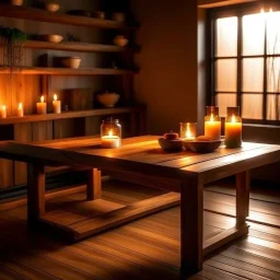 Generate an image of a table with wooden shelves and a warm, inviting atmosphere. The table should be well-lit with soft, natural lighting The background should be slightly blurred.