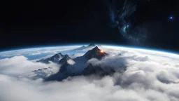 a fog planet's atmosphere is pierced by a single sharp mountain peak. a curved horizon separates the starry space. a single tiny spark of light at the tip of the mountain's peak