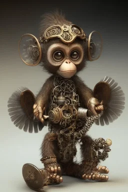 small cute steampunk mechanical monkey, made of metal with mechanical wings, cute hands and feet