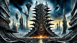a stunningly weird image of a futuristic giant dark meatllic tower metropolis using Salvador Dali's paranoiac-critical method, where buildings and structures appear to melt into the skyline cityscape is filled with floating mad, twisted sharp metal shapes that interact with the buildings and each other, forming a surreal tableau of a dreamlike reality. neu-steampunk vibe, essence of the scene in a cinematic manner, with dramatic shadows that enhance the distorted perspectives and bizarre