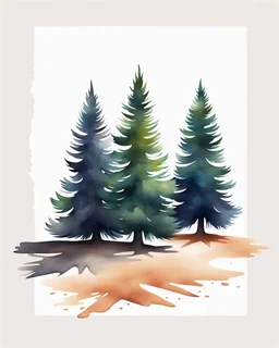 2 isolated spruce/pine trees with ground shadow, stylized graphic with watercolor