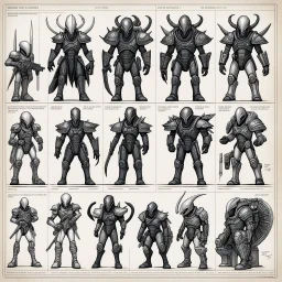 ConceptSheet blueprint [by by Kevin Eastman and Peter Laird]: a grid of sci-fi aligned group of xenomorph armours