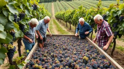 Elderly pensioners in a vineyard treading grapes in a large trough, everyone standing in the trough of grapes in their bare feet, as the first stage in making wine. There are acres of vines with lots of ripe grapes. Everyone is happy. Photographic quality and detail, award-winning image, beautiful composition.