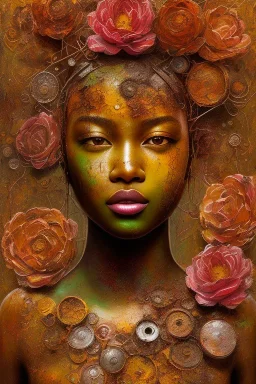 an abstract painting of rusted metal and flowers, african portrait, rust, scaffolding, iron cladding, decay, mixed media, textured, anatomically correct, beautiful perfect face, sharp focus, highly detailed