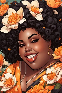 Create a comic book cartoon art style image of a plus size black female looking down with a smile on her face. Prominent makeup with hazel eyes. Highly detailed messy curly bun with a hair scarf tied on her head with large orange magnolia flowers surrounding her. 2k