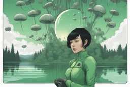 Photo of a skinny woman with a black bob hairstyle, in a green and silver android suit, looking at flying dandelion heads with octopus tentacles looking out over a lake, in an alien forest, with tall narrow cloud trees